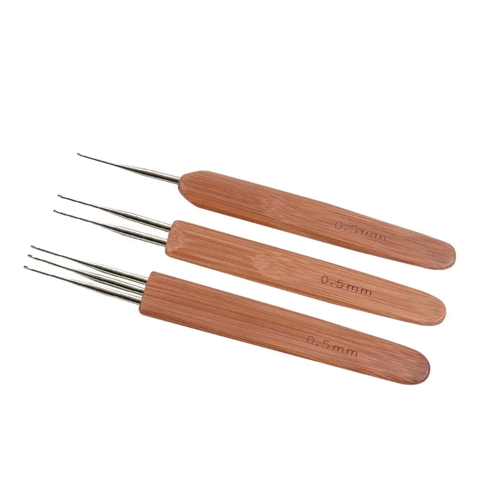 3 Piece Dreadlock Crochet Hook Set 0.5mm Hair Crochet Needles with Bamboo Handle Single Double Triple Hook for Dreadlocks Braid Craft Hair Extensions Wig Weaving DIY Crochet
