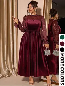 Plus Size Women's Basic Minimalist Fitted Dress, Womenswear, Lady Casual Fashion Long Sleeve Maxi Dresses, Comfortable & Stylish Clothing for Daily Wear