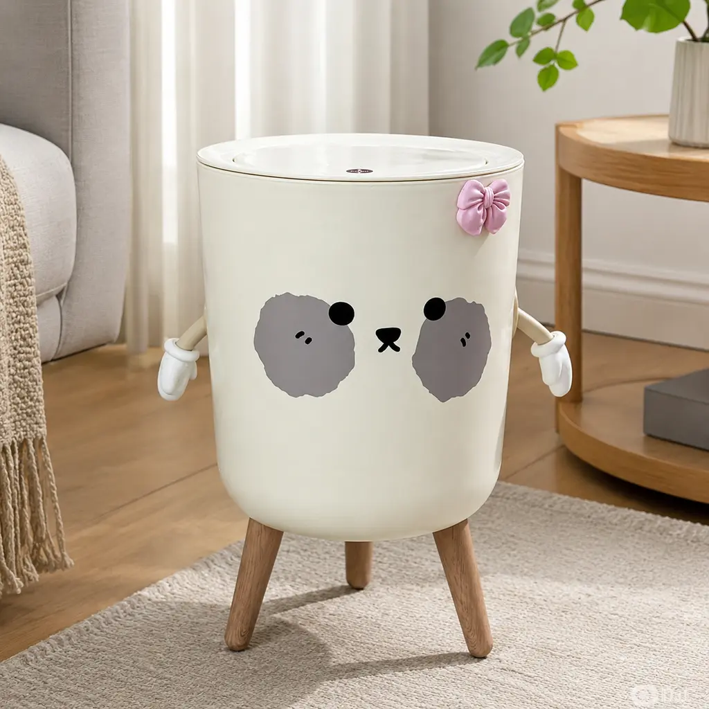 Anthropomorphic Kawaii Bear Floor Trash Can - 10-12L PP Plastic, Bow Accent, Automatic Motion Sensor Lid, Double Tilt-Out Cabinet, Odor Seal, Wall-Mounted/Countertop Home Care Bin for Girly Bedrooms Modern Slim Lidded Trash Can office nordic style, Trash