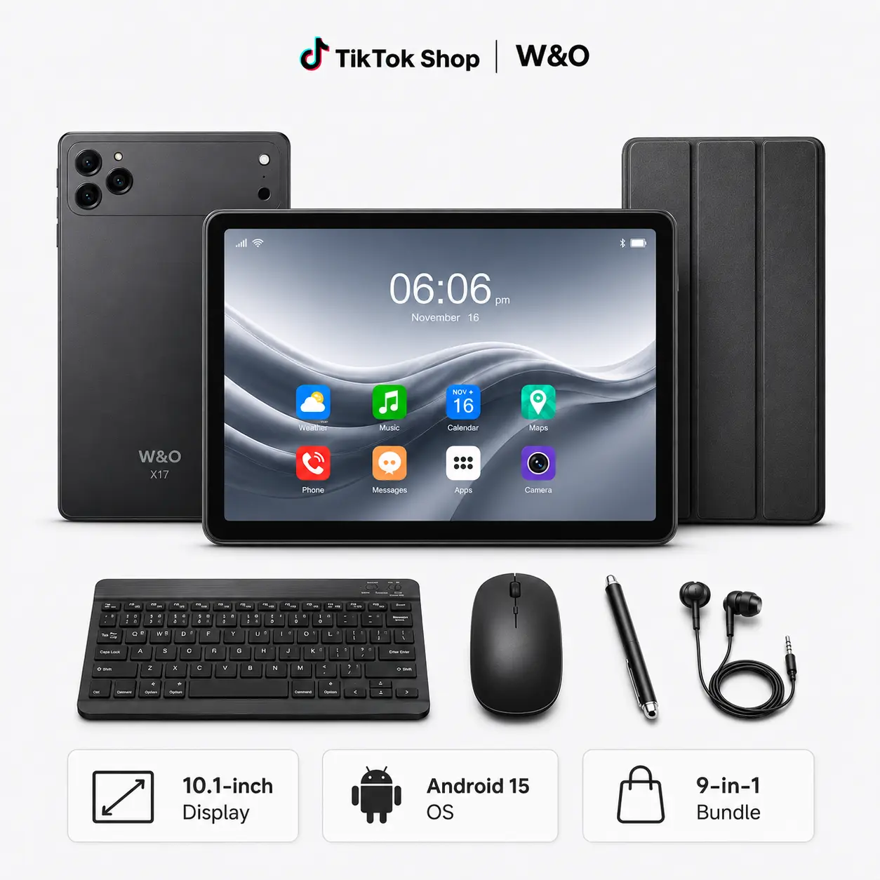 W&O Android 15 Tablet, 10.1/10.95 Inch, 8GB/12GB RAM + 256GB Storage, 8000mAh/10000mAh Battery, 9-in-1 Tablet Bundle with Keyboard, Mouse, Case & Stylus Bluetooth Card Charging Charging Sim Streaming Usb Wireless Expandable Portable Screen