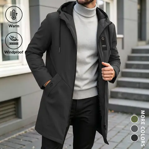 Men's windproof and warm hooded mid length winter coat, plus size thick padded parka coat, full zip drawstring hooded coat, casual business autumn and winter coat, windproof and warm outer layer, suitable for daily commuting, outdoor street wear