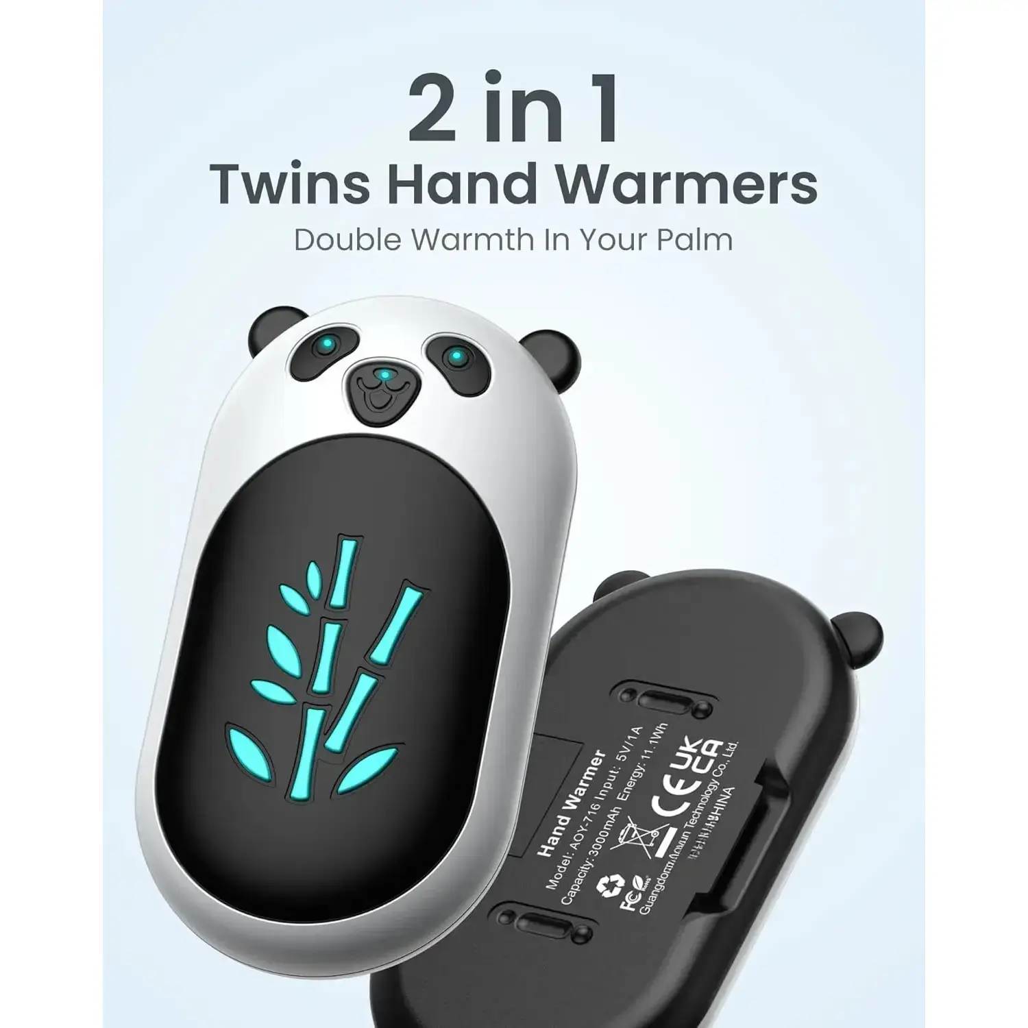 Rechargeable Hand Warmers 2-Pack, 6000mAh Splittable Unisex Electric Pocket Warmer with 3 Heating Levels, Up to 20 Hrs Heat, Comfortable & Compact Design, Portable for Skiing, Golf, Ideal for Children, Friends and Family, Seniors, Includes Cable, Hiking