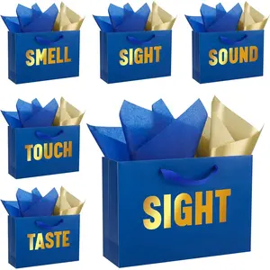 5 Senses  Bags for Him Her Five Senses  Bags with Handles and Tissue Paper Present Wrappings for Valentine Wedding Anniversary Party Birthday Christmas(Navy Blue, 12.6''x8.8''x4'')