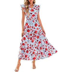 PrettyGarden Women's Summer Floral Midi Dress Cap Sleeve V Neck Ruffle Long Flowy Boho Casual Beach Vacation Dresses