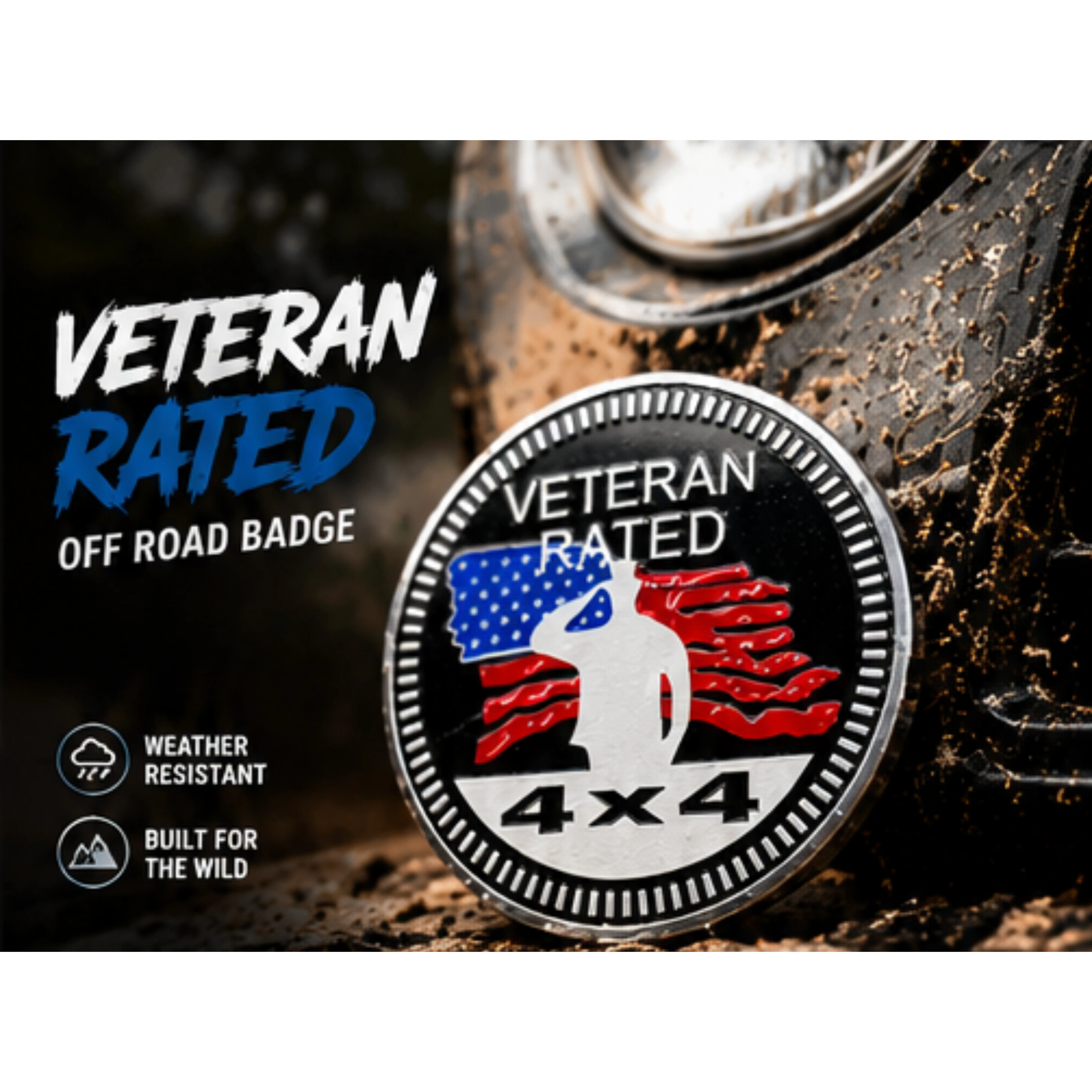 Veteran Rated 4x4 Off Road Badge | Patriotic Veteran Jeep Emblem with American Flag