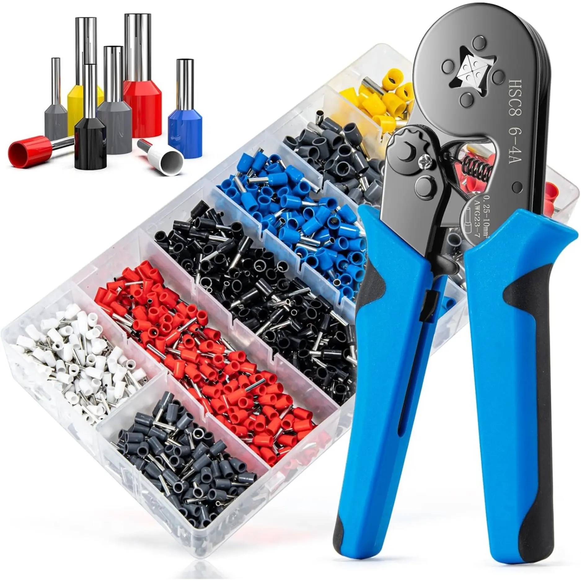 Ferrule Crimping Tool Kit with 1250PCS Wire Ferrules, Self-Adjusting Ratchet Crimper Pliers for AWG 23-7 Wire End Terminals, 0.25-10mm²