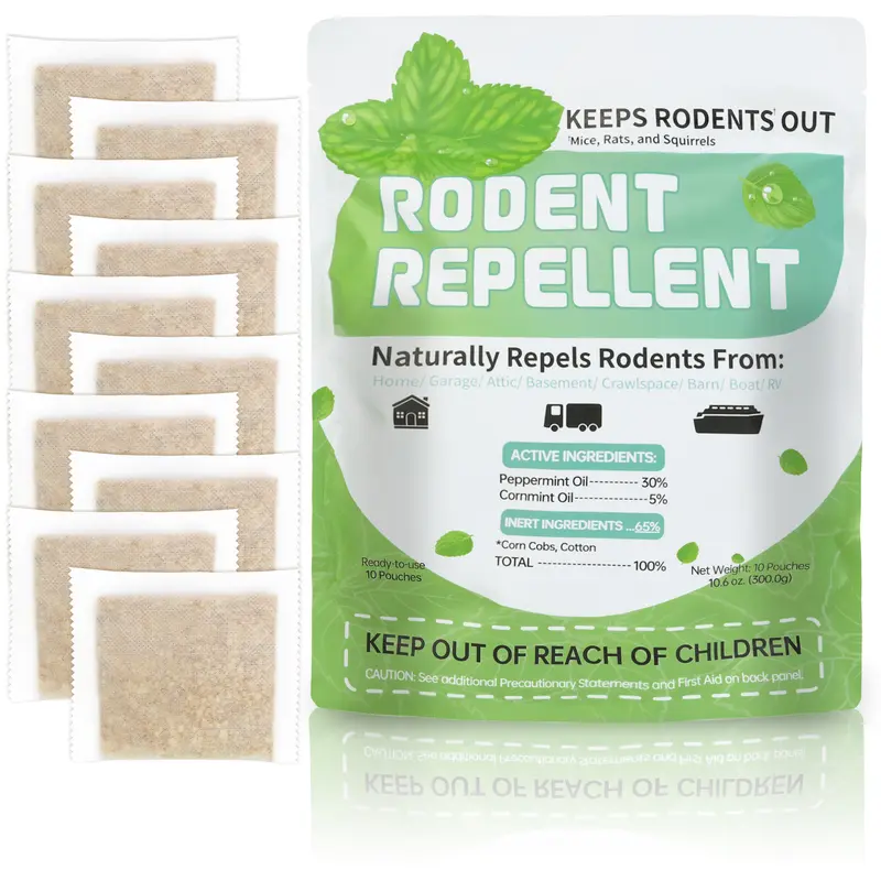 Peppermint Oil Cotton Mouse Rat Deterrent Pack (10 Bags) - Mice Repellent Indoor for Homes/Cars, Basement, Cockroach Control, 24-Month Shelf Life, Repels Mice & Rats