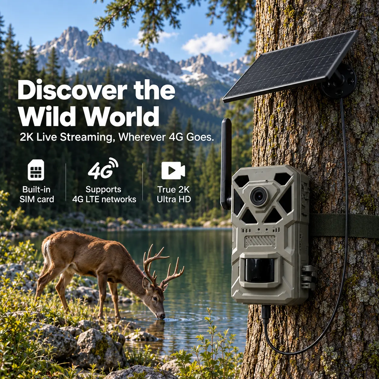 Solar-Powered Wireless 4G LTE Cellular Trail Hunting Camera, 2KHD, 24MP, Motion Trigger, PIR Sensor, Night Vision, Waterproof, Built-in SIM Card, Cloud Storage & Memory Card Compatible (WiFi Not Supported, 4G Data Refill Required)