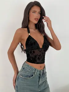 Velvet Floral Halter Top for Women, Summer Sexy Deep V Metal Buckle Mesh Sheer Navel Cut Out Tank Top