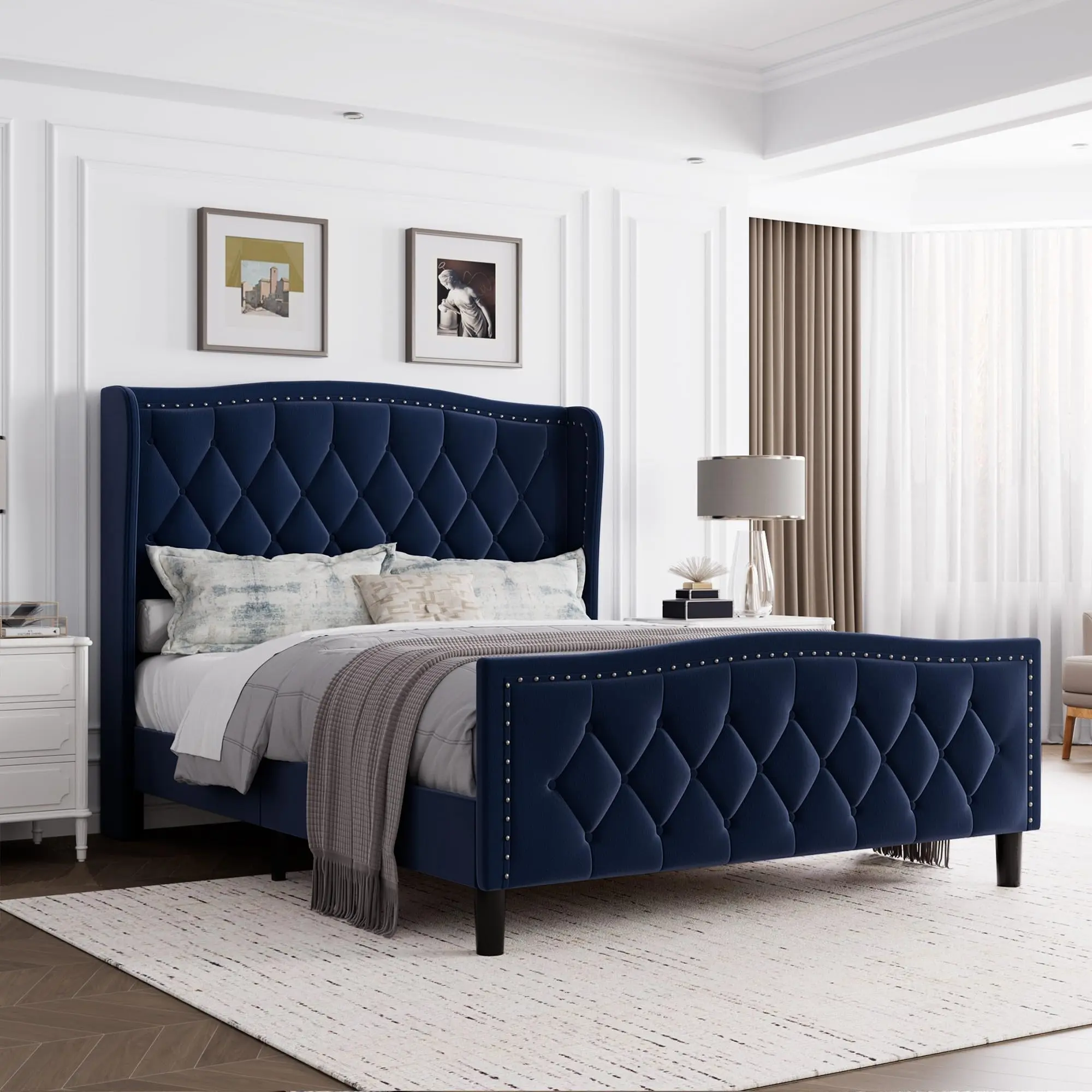 Full Size Bed Frame, Velvet Upholstered Platform Bed with Wingback Headboard, Wooden Slat Support, No Box Spring Needed, Easy Assembly, Navy Blue