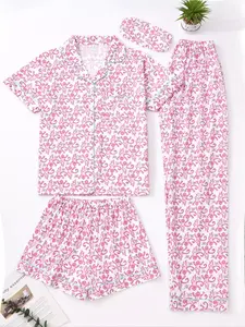 Women's All over Print Pajama Set, Comfortable Sleepwear and Loungewear for All Seasons, Includes Top Shorts and Pants, Home Wear