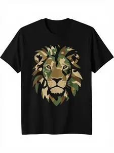 Men's Casual Cotton Wild Animal Camo Print Crew Neck Short-Sleeve Tee - Black, Breathable Summer Apparel for Dads