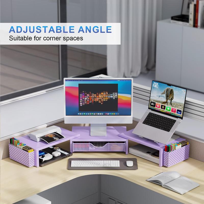 Dual  Stand Riser, Desk Organizer With Drawer and 2 Pen Holders, Desk Organizers and Accessories, Purple Office Decor (Purple)