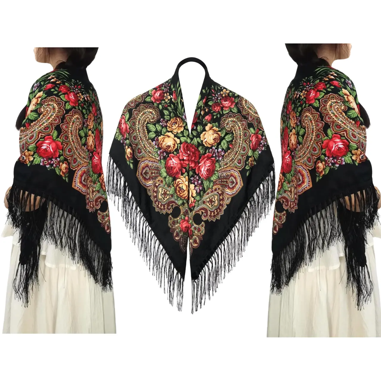 Russian Style Women’s Scarf Warm Tassel Shawl Wrap Traditional Printed Muffler Cape with Fringes