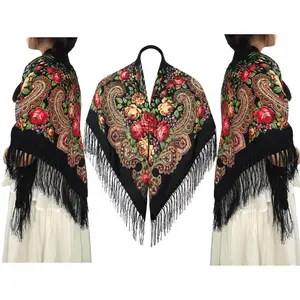 Russian Style Women’s Scarf Warm Tassel Shawl Wrap Traditional Printed Muffler Cape with Fringes