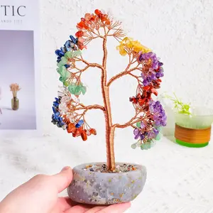 Natural Crystal Lucky Tree Decor, Copper Wire Winding Design, Colorful Gravel & Agate Slice Base, Ideal for Garden & Home Ornament