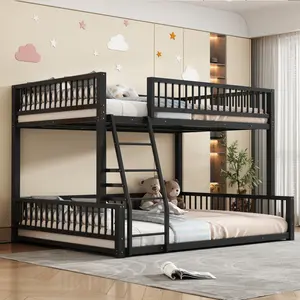 Full XL over Queen Floor Bunk Bed Frame with Ladder and Safety Guardrails, Easy Assemble, Black