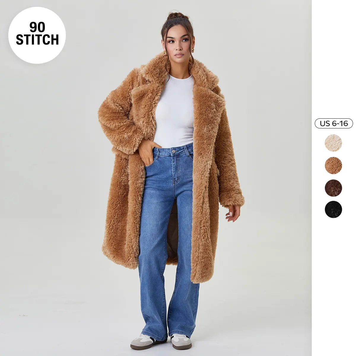 90Stitch Women's Cozy Fuzzy Notch Lapel Double Breasted Coat - Warm Thermal Casual Outerwear Jacket for Fall & Winter