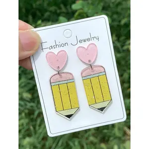 Acrylic Earrings, "FRIYAY" Cartoon Apple Pencil Book Design, Color Blocking Letters, Studs, Sweet & Elegant Style, Teacher's Day Gift