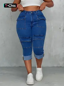 Plus Size Women's Elastic Denim Jeans Pants, Bottom, Fitted, Utility Pockets, Stretchy Fabric, Casual Fashion, Daily Wear, Everyday, All Seasons, Womenswear
