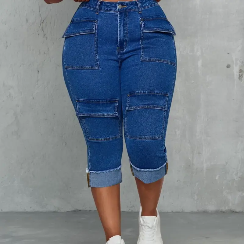 Plus Size Women's Stretch Jeans, Fitted Flattering Denim Pants with Utility Pockets, Casual Basic for Everyday Wear, All Seasons, Womenswear, Denim Clothing