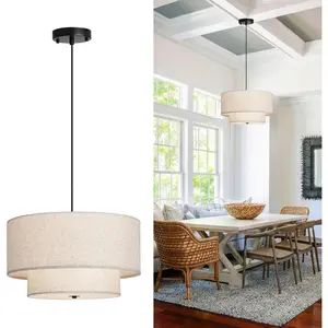 18" Modern Double Drum Fabric Pendant Light, Large Hanging Ceiling Chandelier Fixture with Dual Layer Fabric Shade, Ideal for Dining Room, Living Room, Bedroom, and Kitchen