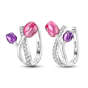 Tulip Mother's Day Earrings 925 Sterling Silver, Pink & Purple Enamel Tulips, Paved For Mom Gifts, Daily Wear Women's Earrings