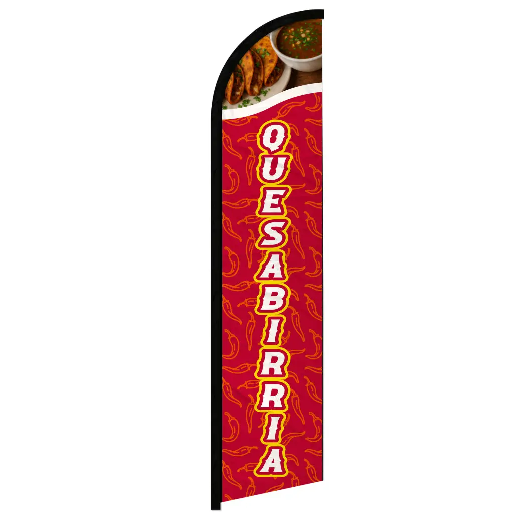 Windproof Quesabirria Banner Flag with Curved Sleeve - Large Festive Backdrop for Chile Food Trucks, Grand Openings, Promotions, Festivals, Stays Readable Windless, Mexican Restaurants