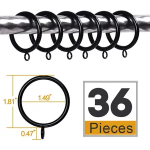 36 PCS 38mm Inner Diameter Curtain Rings, Metal Curtain Drape Sliding Eyelet Rings-Hanging Rings for Curtains and Rods Black Tone