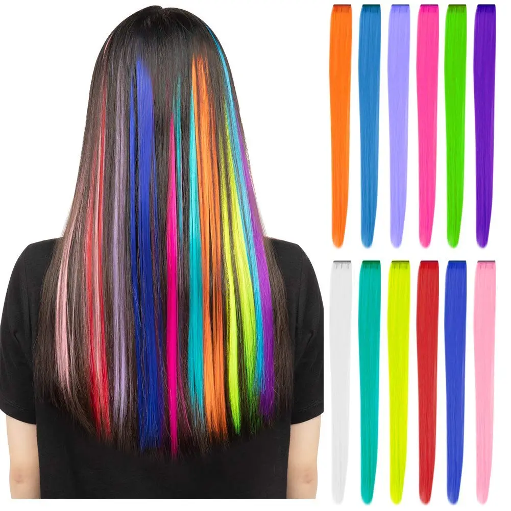 Women's Synthetic Hairpieces Clip-In Hair Extensions, 12 Pcs 22 in Heat Resistant Silky Straight Hair - Easy to Use, Firmly Wired, No Static, All Seasons - B Purple + Sapphire Blue, Deep Purple, Fluorescent Green, Rainbow Party Highlights for Friends