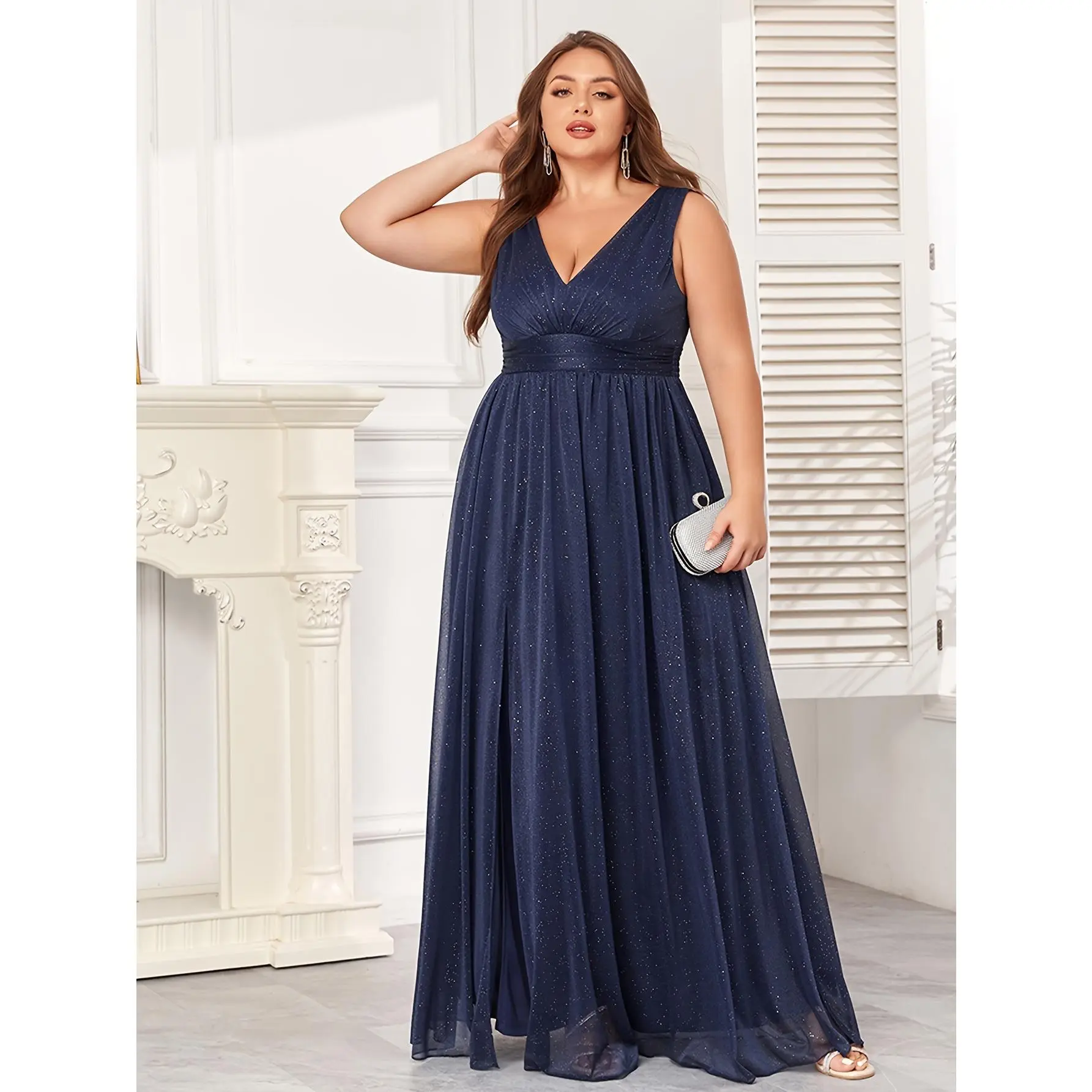 Plus Size Women Dress Sparkling Sleeveless Evening Chiffon Dress Double V  Neck A-line Bridesmaid Party Glizty Dress Side Slit Floor-Mounting Elegant  Ladies Wedding Dress Formal Womenswear Sequin Maxi - TikTok Shop