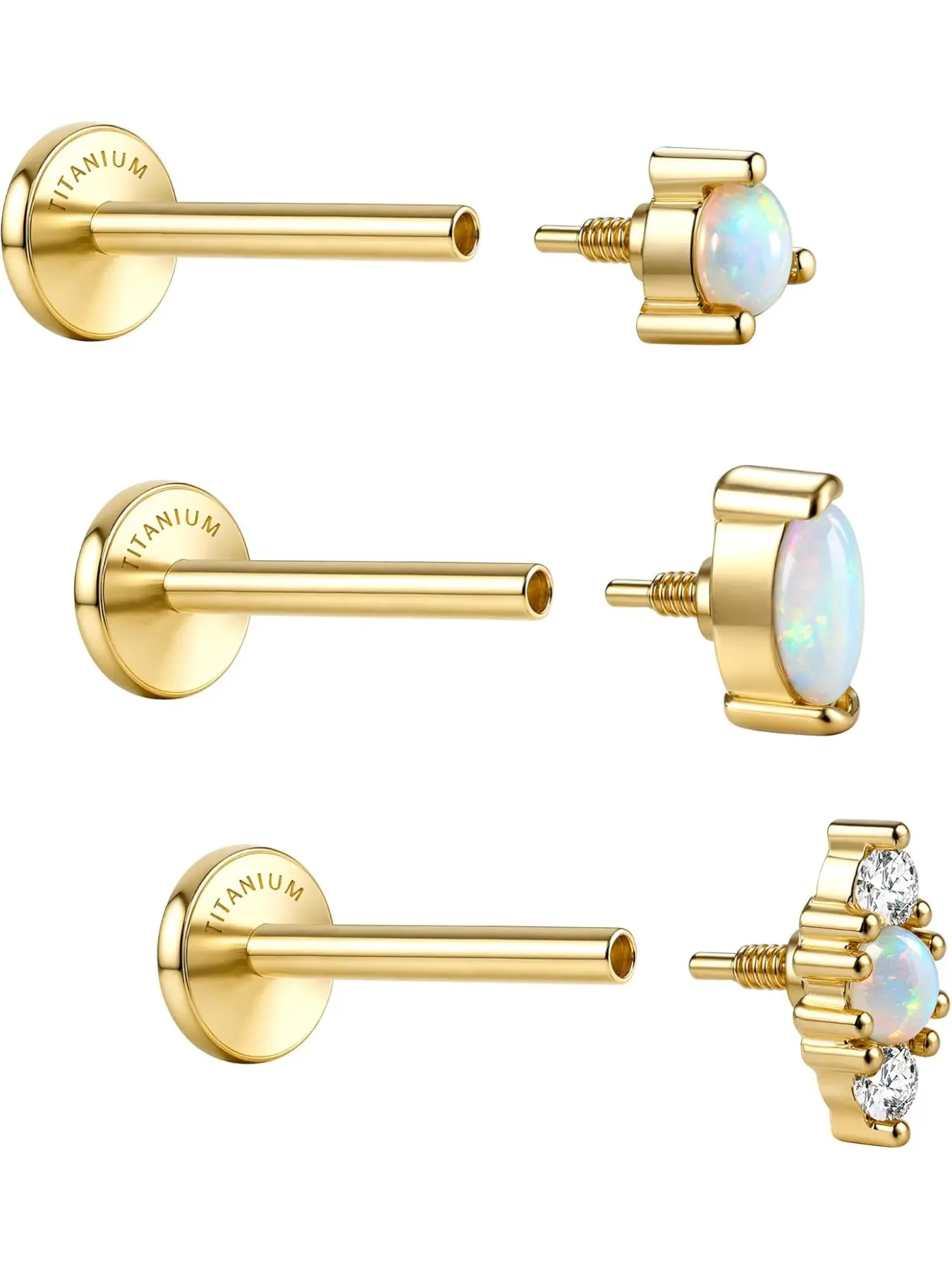 G23 Implant Grade Titanium Flat Back Earrings Studs: 14K Gold Plated Hypoallergenic 3 Pcs 18G Internally Threaded Tragus Cartilage Helix Piercing Jewelry Opal Earring for Sensitive Ears Women Men