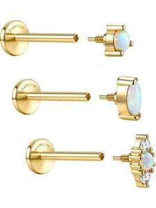 G23 Implant Grade Titanium Flat Back Earrings Studs: 14K Gold Plated Hypoallergenic 3 Pcs 18G Internally Threaded Tragus Cartilage Helix Piercing Jewelry Opal Earring for Sensitive Ears Women Men
