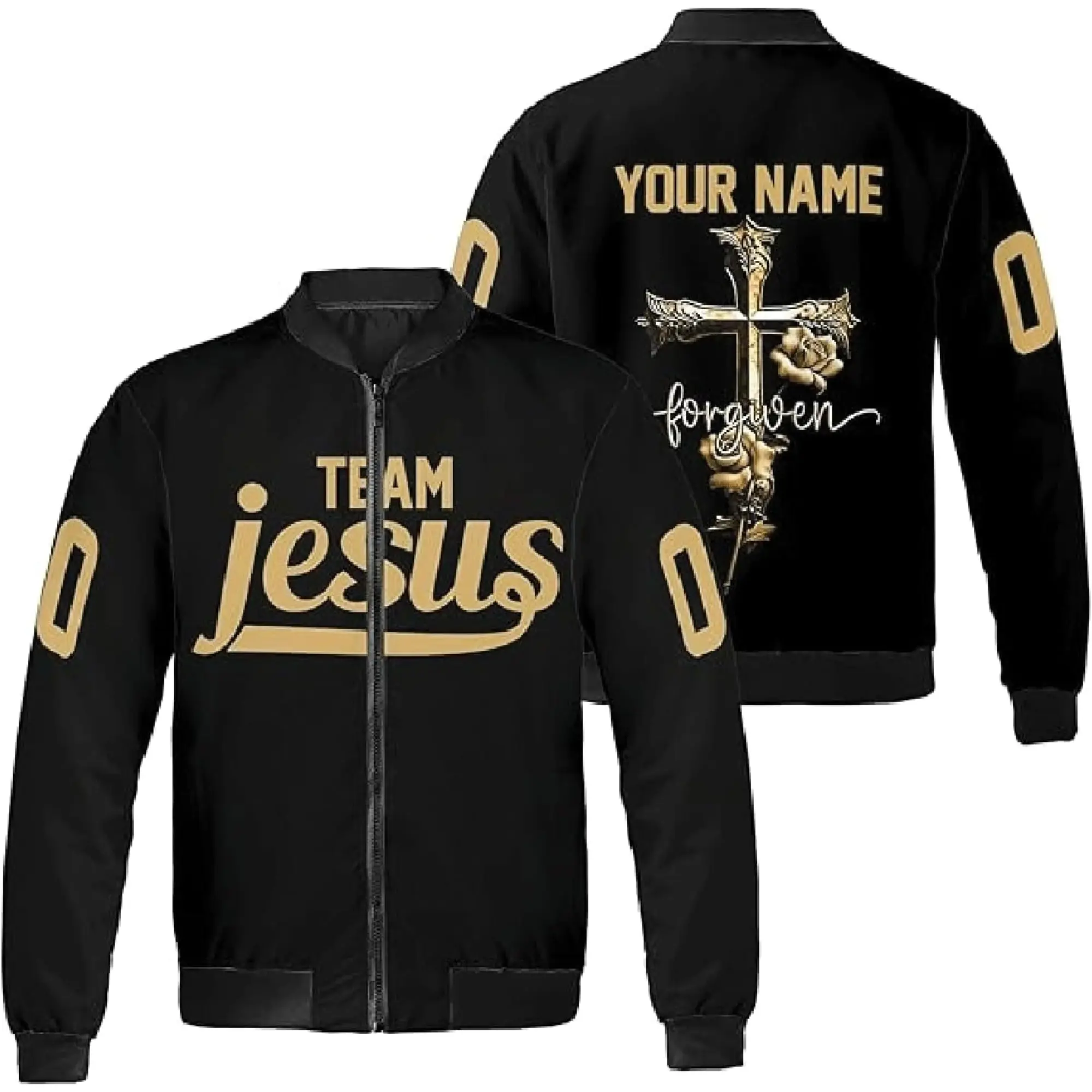 Personalized Christian Jesus Bomber Jacket S–5XL - Faith Cross Forgiven Graphic Zip Up Jacket, Custom Name Religious Outerwear for Men Women