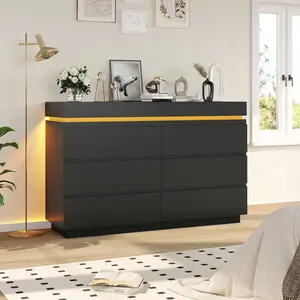 SIKAIC Horizontal Storage Chest with Multi-Mode LED Illumination Stripes, Modern Black Credenza Unit with Six Smooth Sliding Bins for Living Space Organization