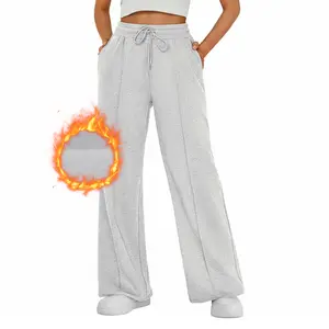 Trendy Fleece Lined Wide Leg Sweatpants for Women Elastic Waist Drawstring Loose Fit Lounge Pants