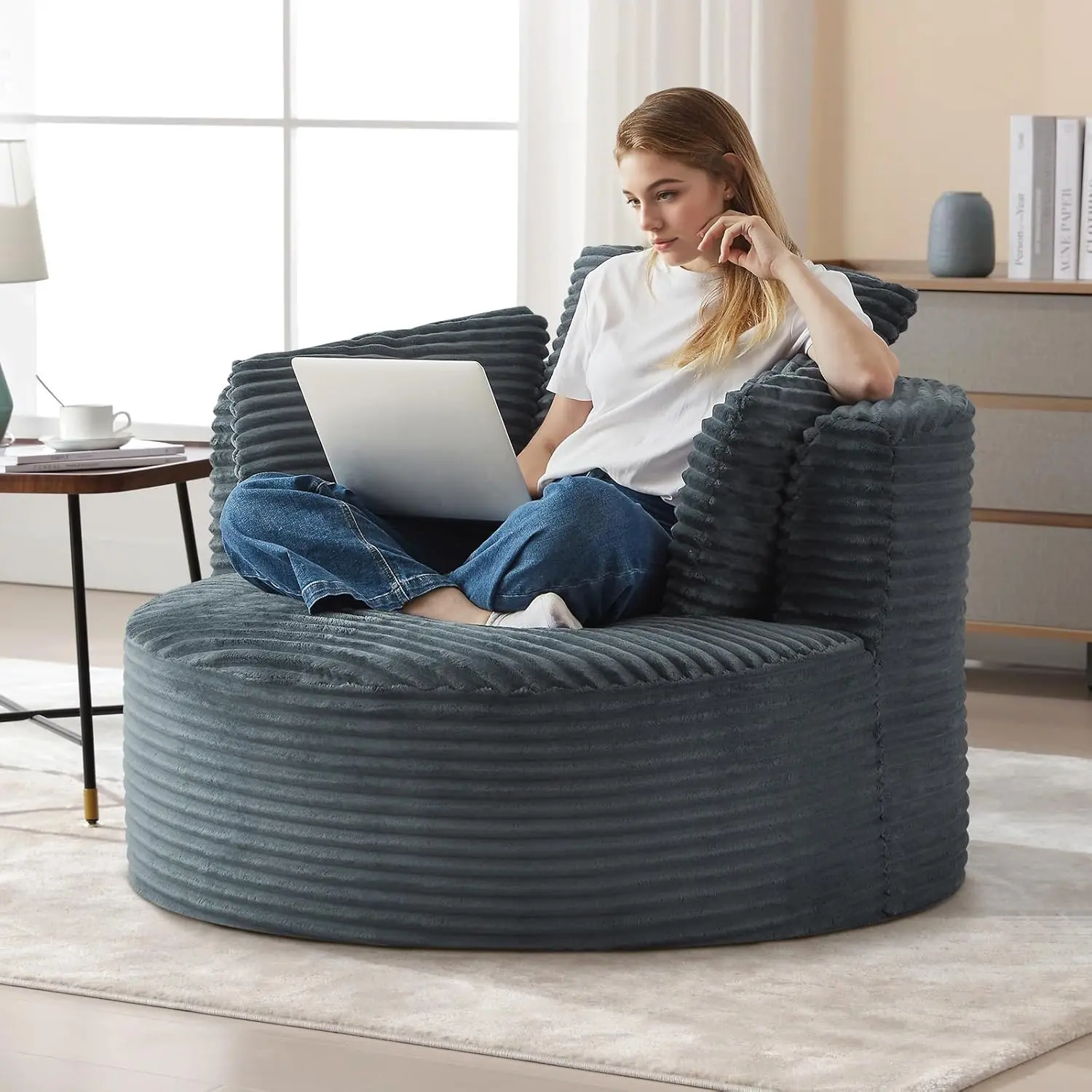48.8-inch Round Chair, Modern Accent Corduroy Comfy Deep Seat Boneless Foam Floor Single Circle Chaise Sofa Chair with 3 Pillows for Living Room Bedroom Office, No Assembly Required, Dark Grey