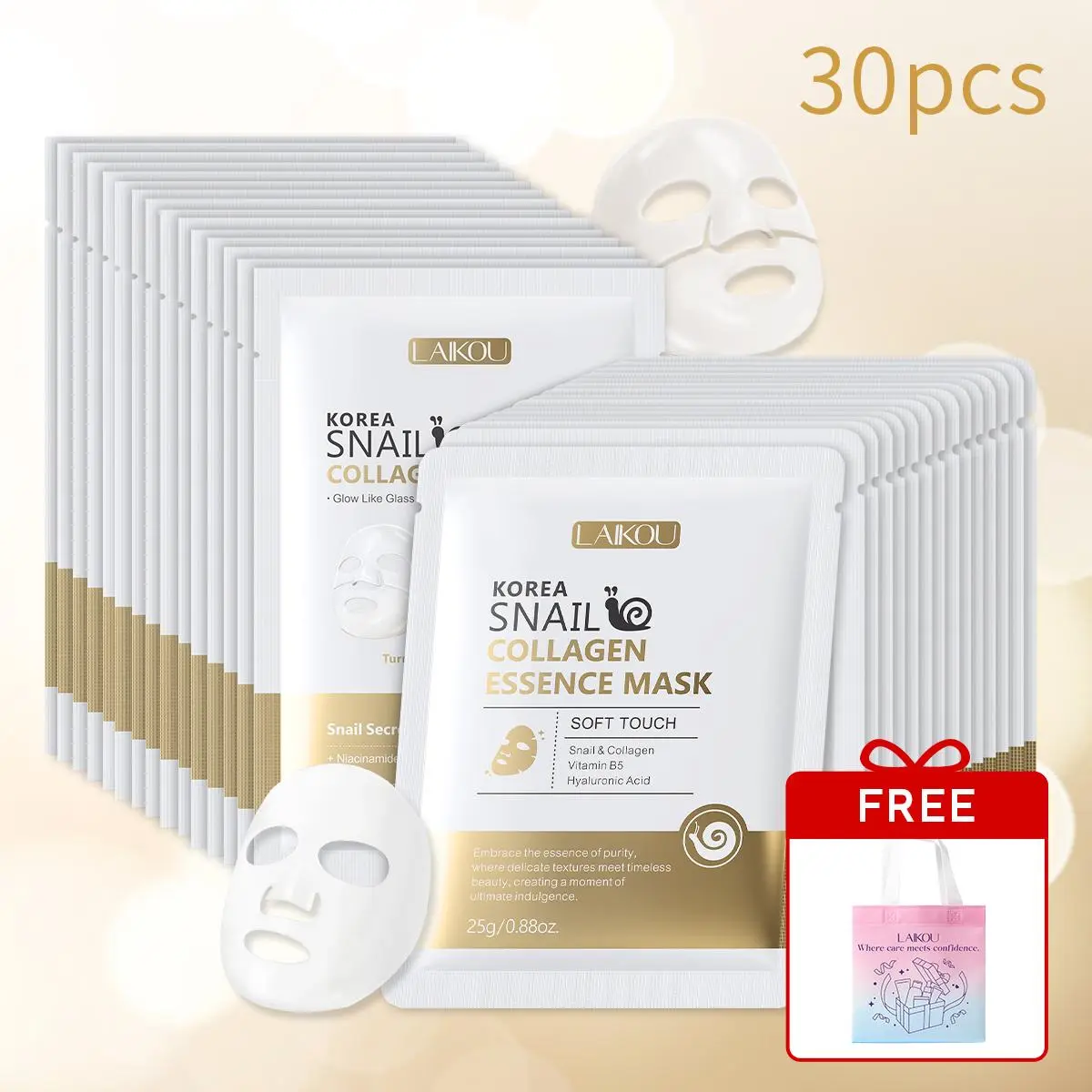Laikou Korean Snail Collagen Gel Mask 25g x 15, Snail Protein Mask 25gx 15, Collagen Hydration Mask, Face Mask Glowing Skin, Free Gift Bag Included for Skincare