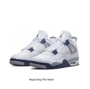 Retro Mid-Top Basketball Shoes in White Leather with Cement Grey Splash Details and Midnight Blue Accents