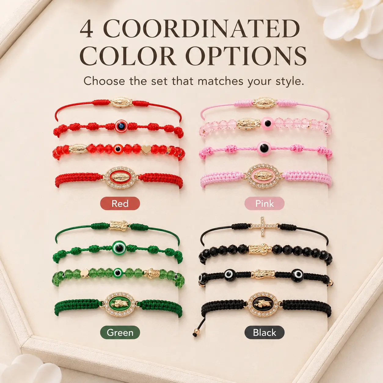 4-Piece Braided Strings Charm Bracelets Set with Rhinestones, Red Braided Black Rope San Judas Bracelet Virgin Mary Amulet, Cute Accessories for Daily Wear, Gifts for Boyfriend, Special Gift for Men, Boys, Girls