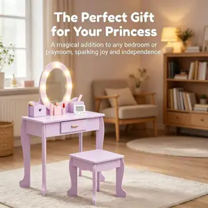 LH-Garvee Kids Vanity Makeup Cabinet with Smooth Surface Safe Design for Children Daily UseChildren's Vanity Set with Illuminated Mirror Wooden Makeup Playset Table (37"H)x 23.6"L x 11.8"W)and Chair for Ages 4-9 in Pink Safe Durable MDF Material ASTM