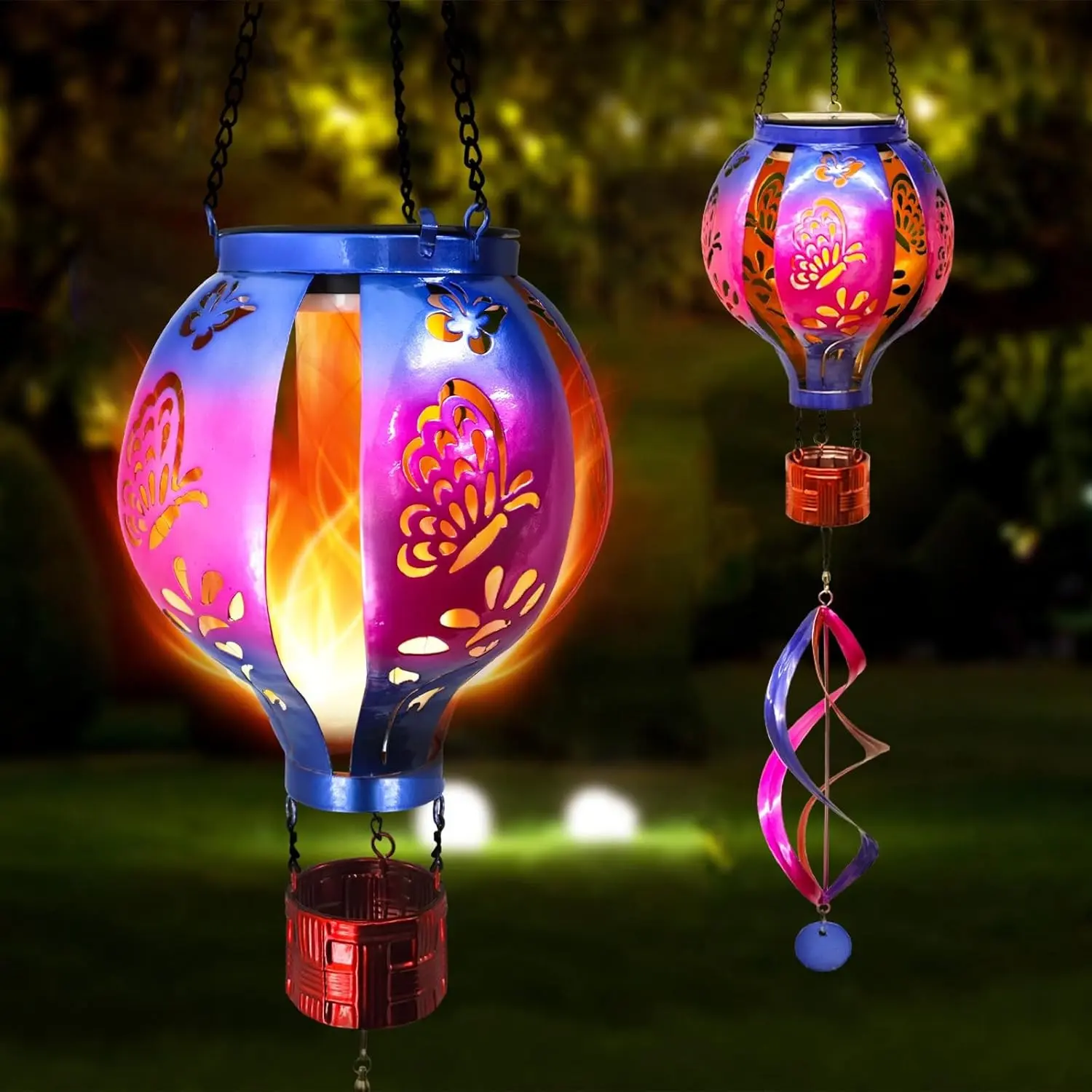 Large-Size Hanging Solar Hot Air Balloon Lantern with Butterfly Wind Spinners, Flame-Flicker LED Lights, Waterproof Decorative Metal Outdoor Decor for Patio Garden