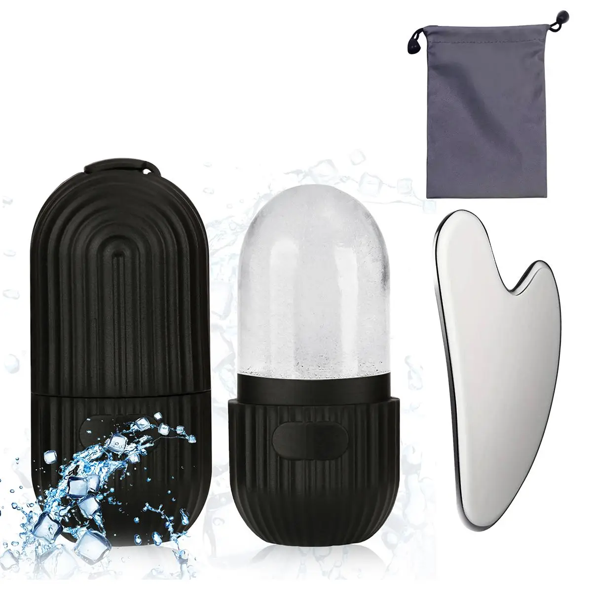 Silicone Facial Ice Grid and Stainless Steel Scraping Tool Set with Storage Bag, 2 Pieces/Set Reusable Facial Care Tools, Manual Massage Supplies, Ski