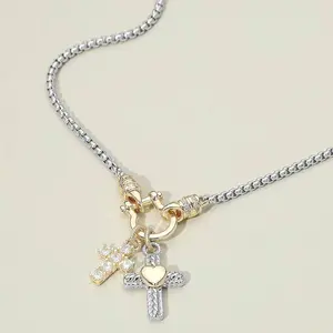 14K Gold Plated CZ Stone Cross Two Tone Heart Cross Horsebit Carabiner Charm Necklace