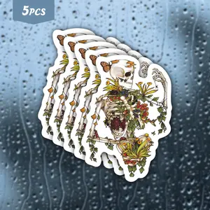 5Pcs "Skeleton & Floral Growth" Waterproof Vinyl Sticker, Nature Rebirth Skeleton Self-Adhesive Decal, Suitable For Water Bottles, Laptops, Journals, Ideal For Gothic Art Fans, Plant Lovers And Dark Cottagecore Enthusiasts