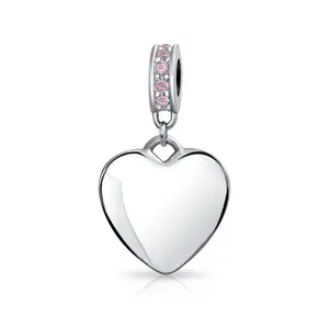 Initial Monogram Crystal Heart Dangle Charm Bead Sterling Silver Birthstone