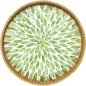 Round Rattan Tray with Mother of Pearl Inlay, Decorative Rattan Serving Tray for Home Coffee house organizers boyfriend basket