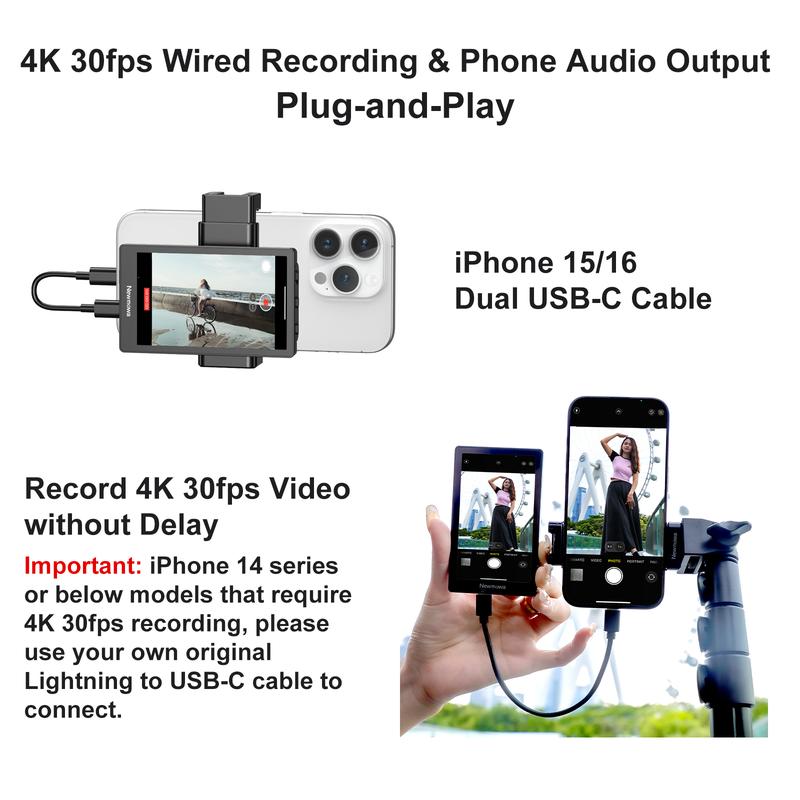 Newmowa Vlog Selfie Monitor Screen for iPhone & Samsung 4K 30fps Wired Recording Magnetic Phone Holder Live Screen Sharing Smartphone Vlogging Kit Ideal for TikTok Live Streams