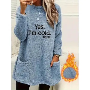 Cozy Women’s Double-Sided Fleece Pullover Sweatshirt | “Yes I’m Cold” Letter Print, Crew Neck Long Sleeve with Pockets, Machine Washable Winter Warmth for Fall & Winter