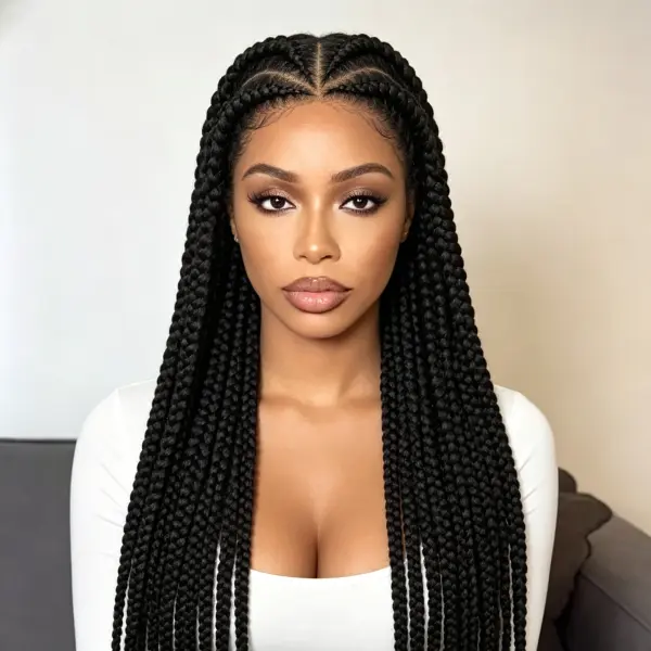Long 38" Full Lace Braided Wig, Realistic Handmade Box Braids Wig, Natural Black, Adjustable Elastic Straps, Ready‑to‑Wear Protective Hairstyle Wig